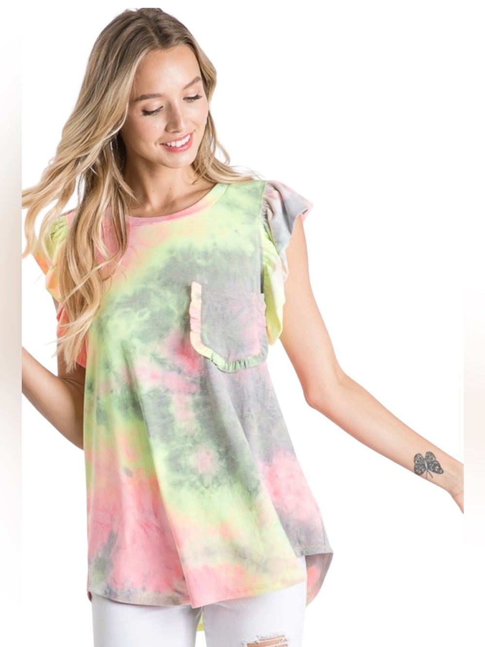 Heimish Ruffle neck Short Sleeve Tie Dye Top